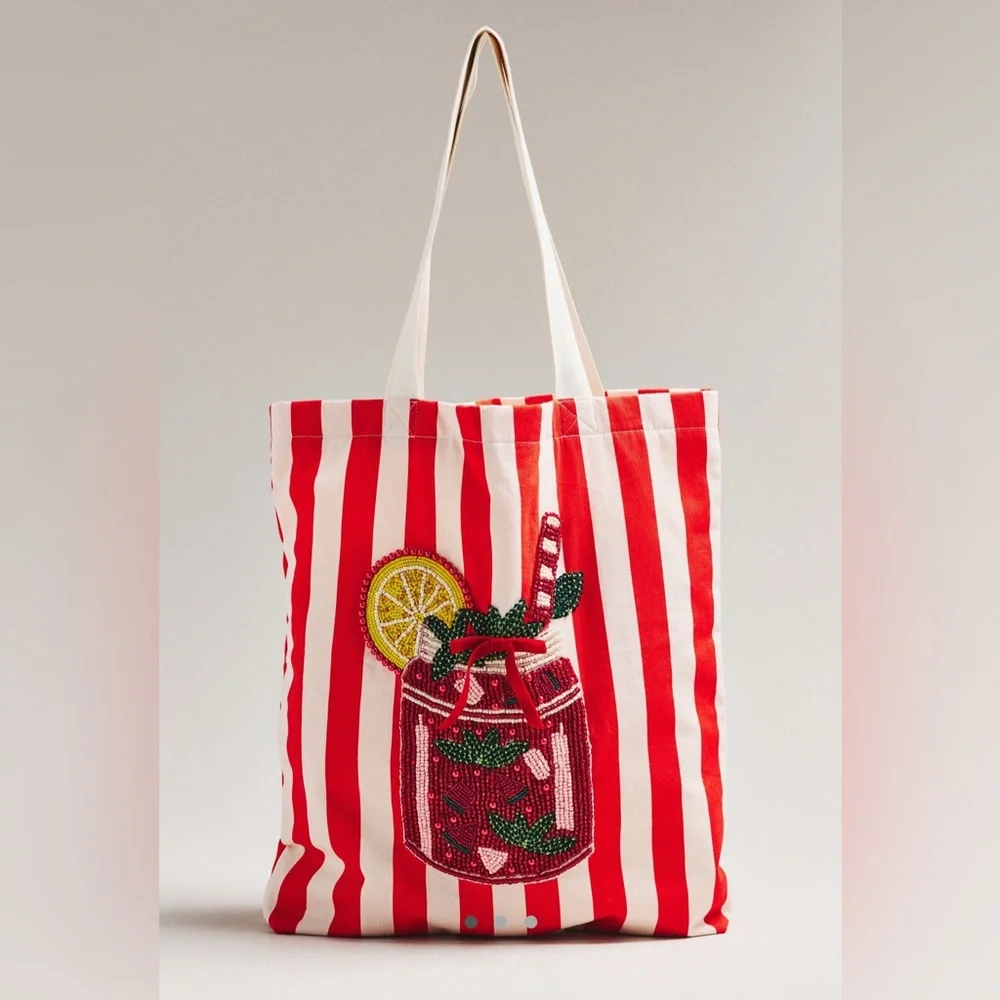 Anthropologie Printed Beaded Canvas Tote | Bloody Mary | NWT